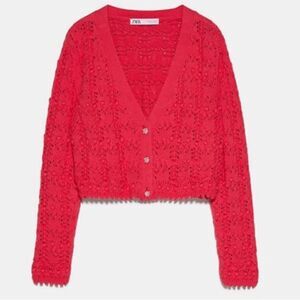 Zara Pink Crochet Cropped Long Sleeve Cardigan Bright Pink Gems Size Medium